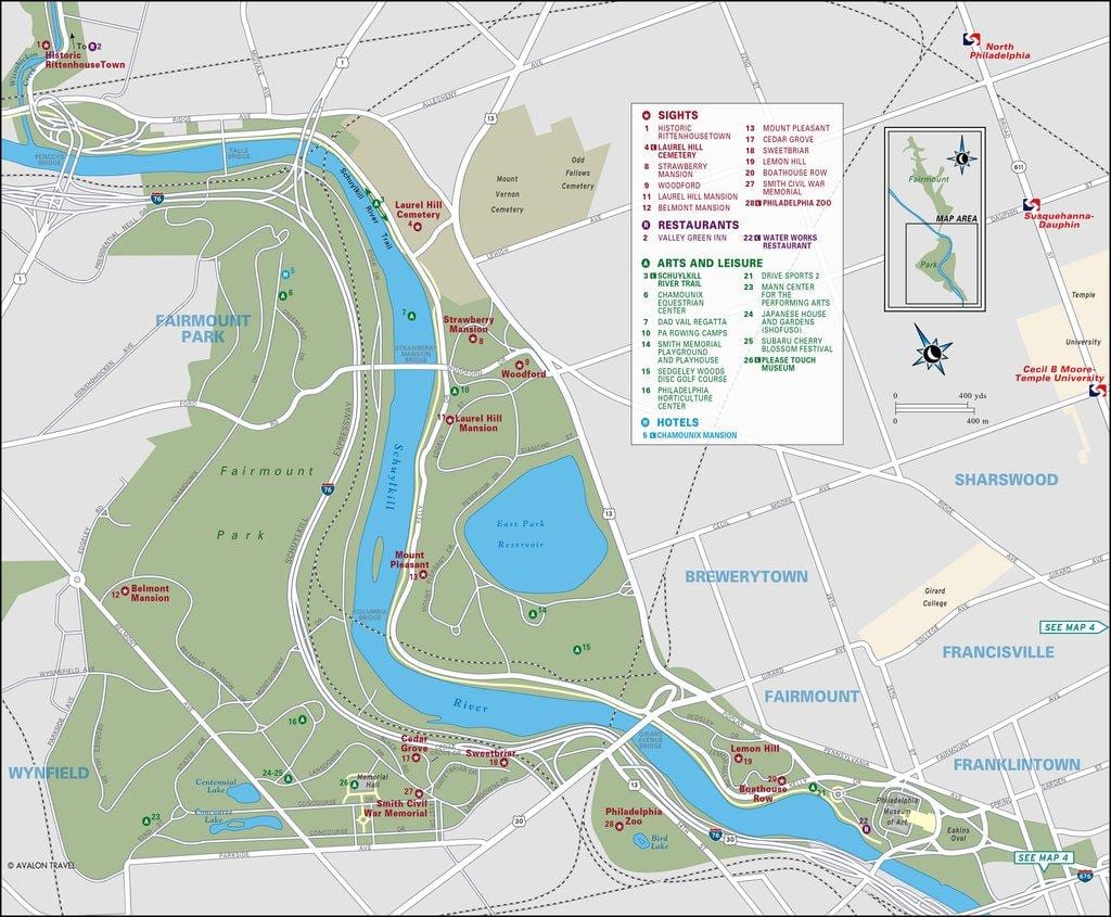 mapa fairmount park v Filadelfie