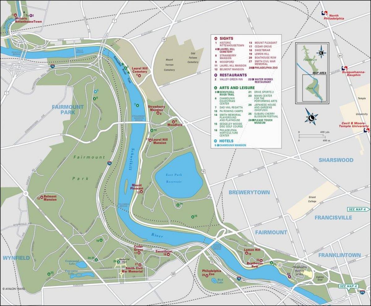 mapa fairmount park v Filadelfie