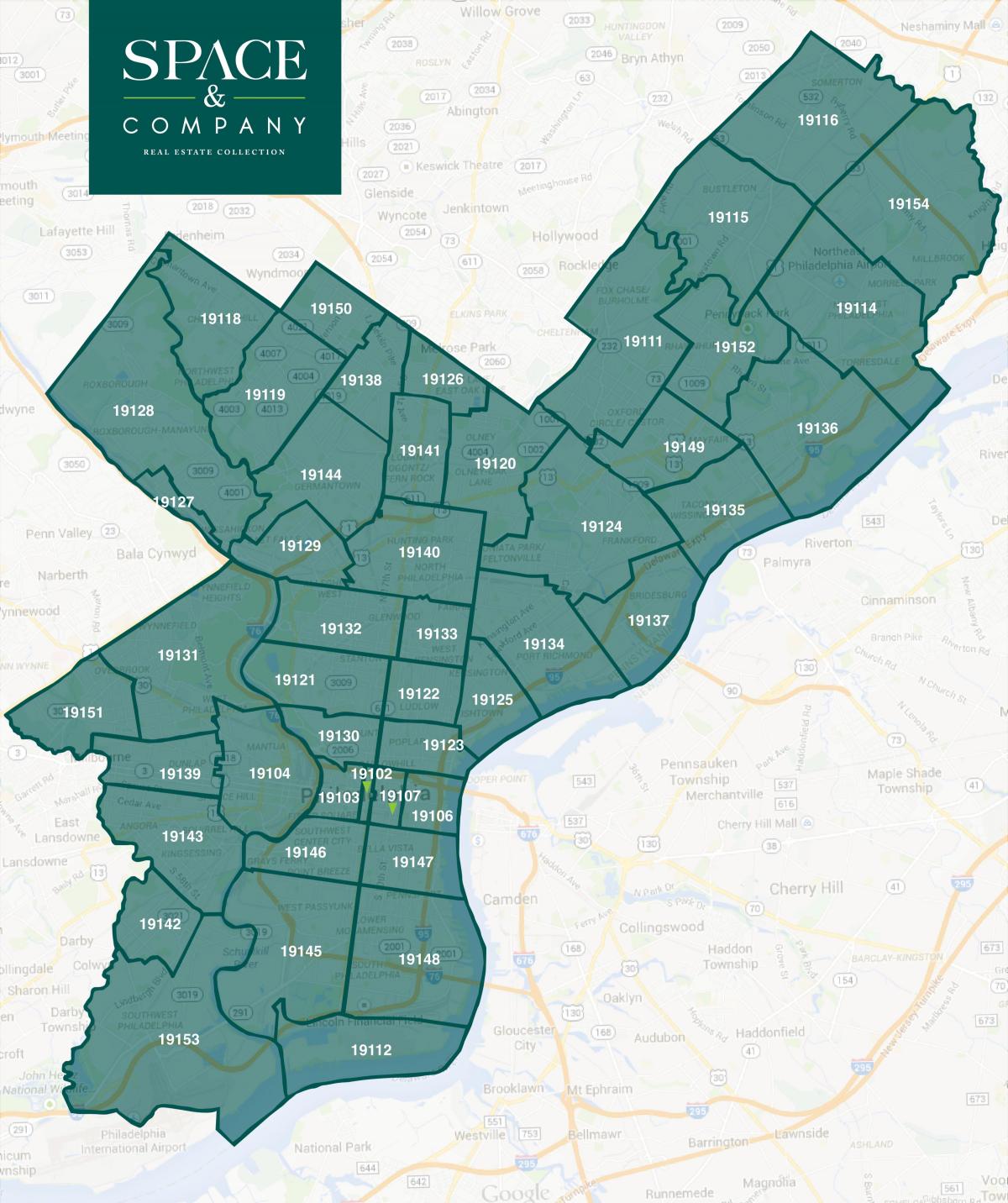 mapa Filadelfie čtvrtí a zip kódy