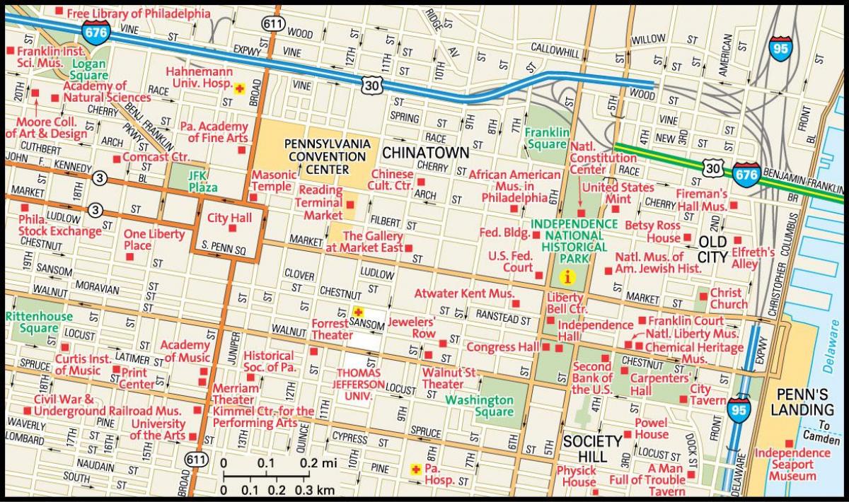 mapa centra Filadelfie